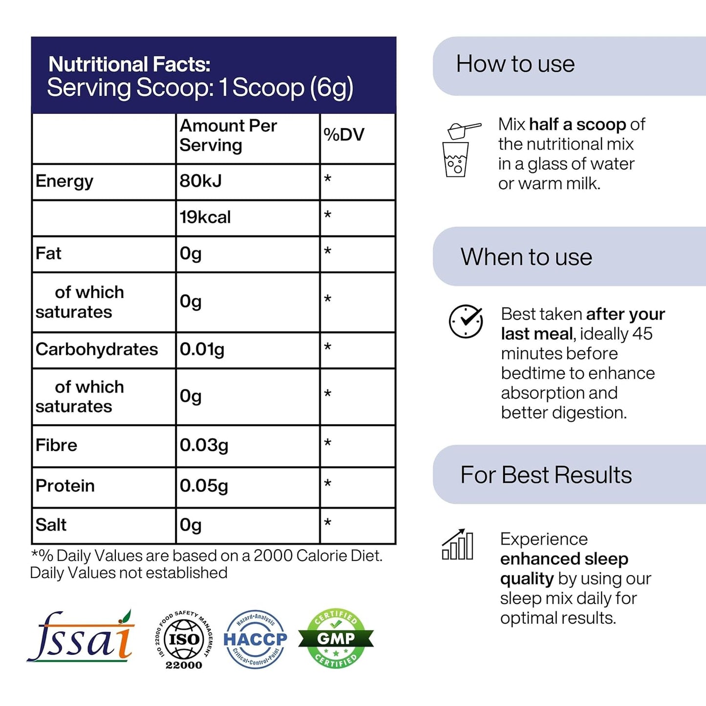 Nutritional facts label for a product with serving size and usage instructions.