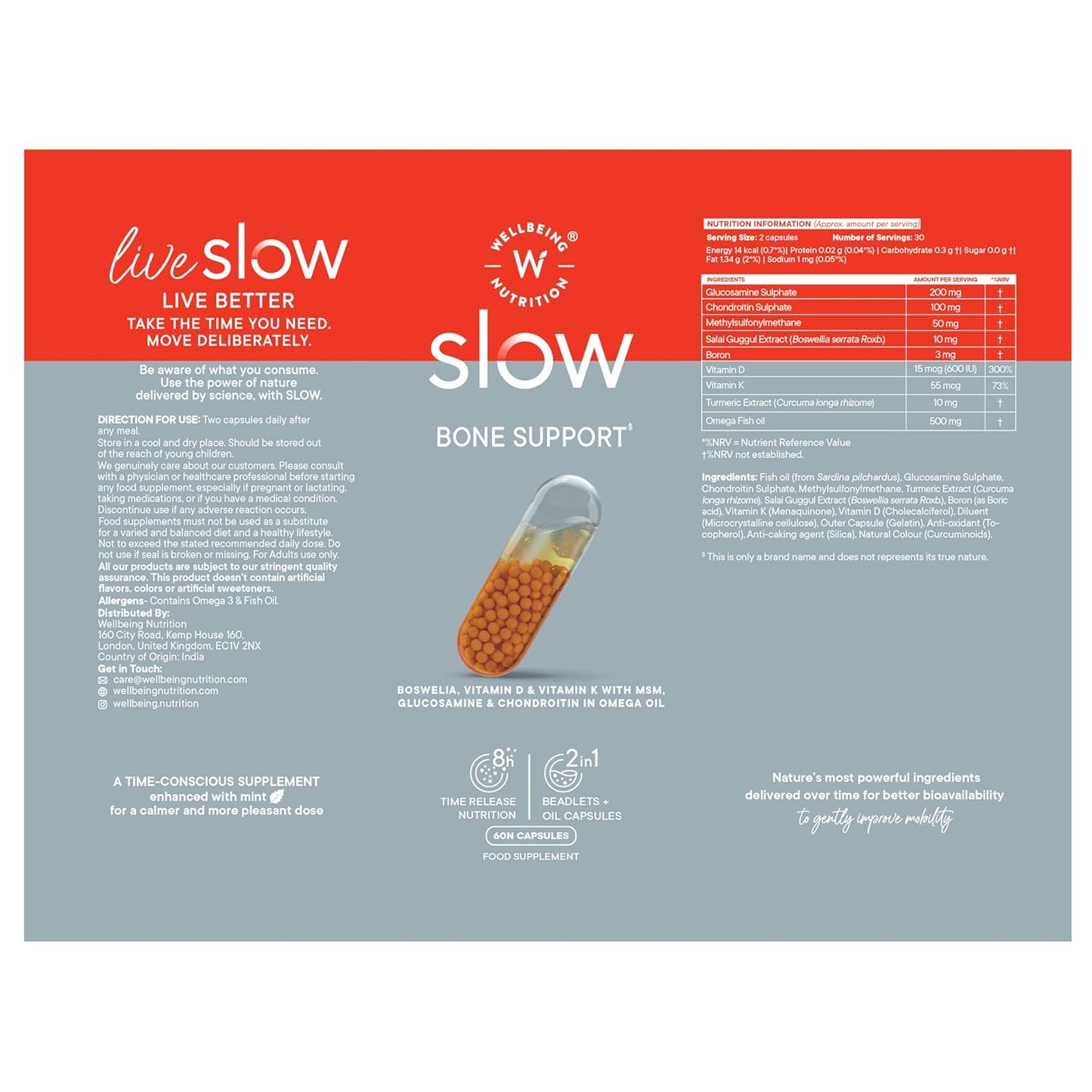 Wellbeing Nutrition Slow Bone Support Capsule for Men and Women | Bone and Joint Vitamin Supplements | Glucosamine, Chondroitin, MSM, Calcium | For joint mobility and bone strength (60 Capsules)