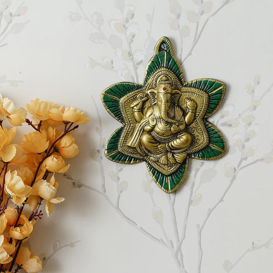 Golden Green Metal Leaf Ganesha Wall Hanging | Lord Ganesha Statue Wall Art | Decorative Showpiece for Wall Decor | Diwali Decoration Items for Home Decor | Gift for Diwali, Housewarming