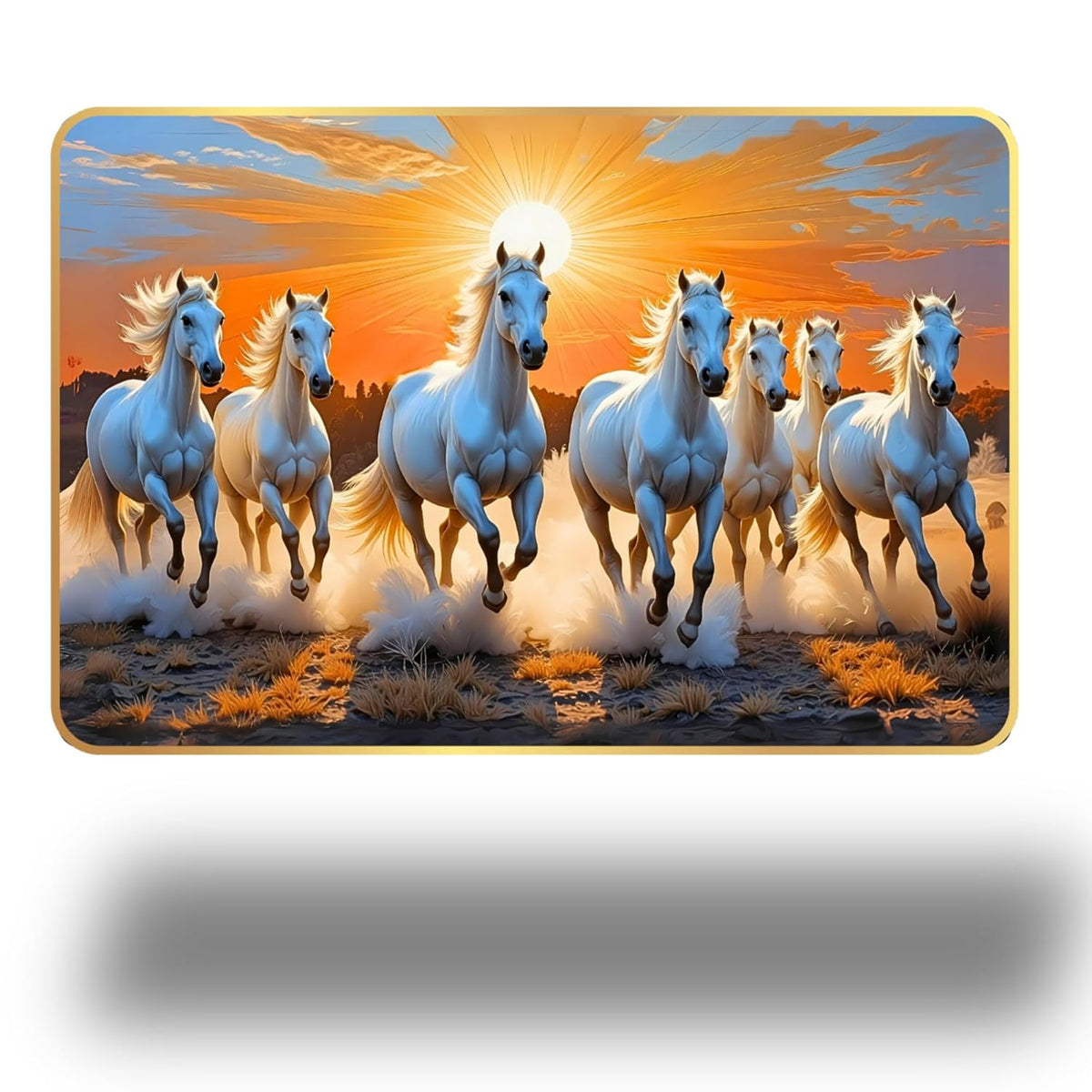 7 Running Horses MDF Wall Art 12x18 Inch | Golden Border Vastu Painting for Home & Office Décor | Modern Elegant Wall Hanging Frame for Living Room, Bedroom (Design 3)