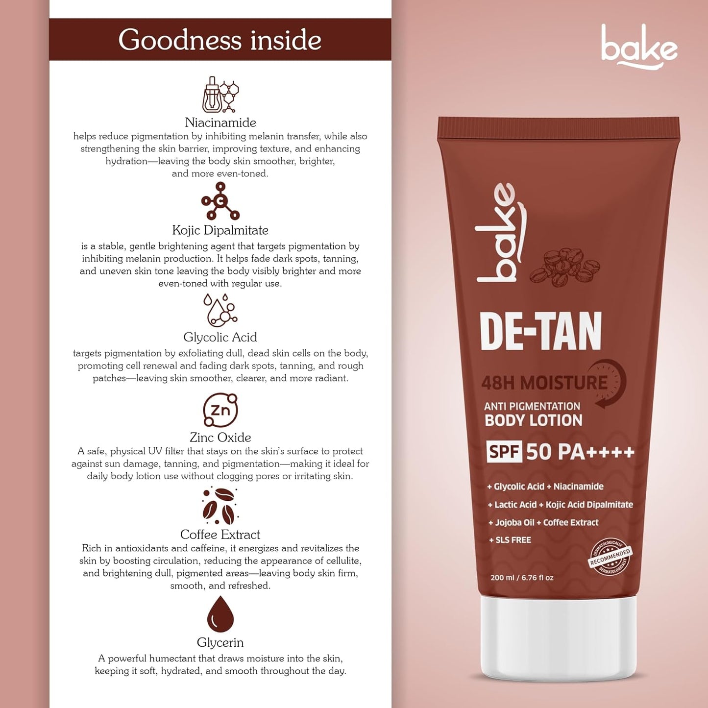 BAKE De-Tan Coffee Body Lotion (200ml) 48 Hour Moisturization with Kojic Acid, Lactic Acid, Niacinamide & SPF 50 for Pigmentation & Tan Removal | For Dark Spots & Sun Protection | Tanned & Pigmented Skin | For Women & Men