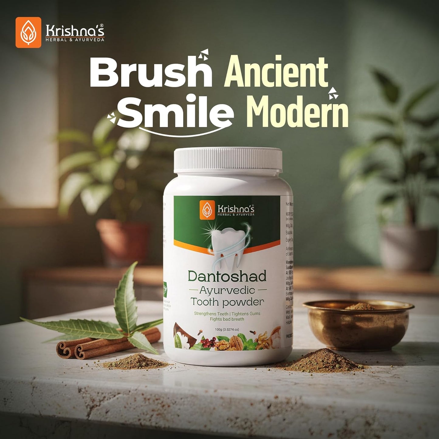 Krishna’s Dantoshad Ayurvedic Tooth Powder With Goodness of 15 Herbs for Strengthens Teeth, Tightens Gum & Maintain Fresh Breath - 100 gm (Pack of 1)
