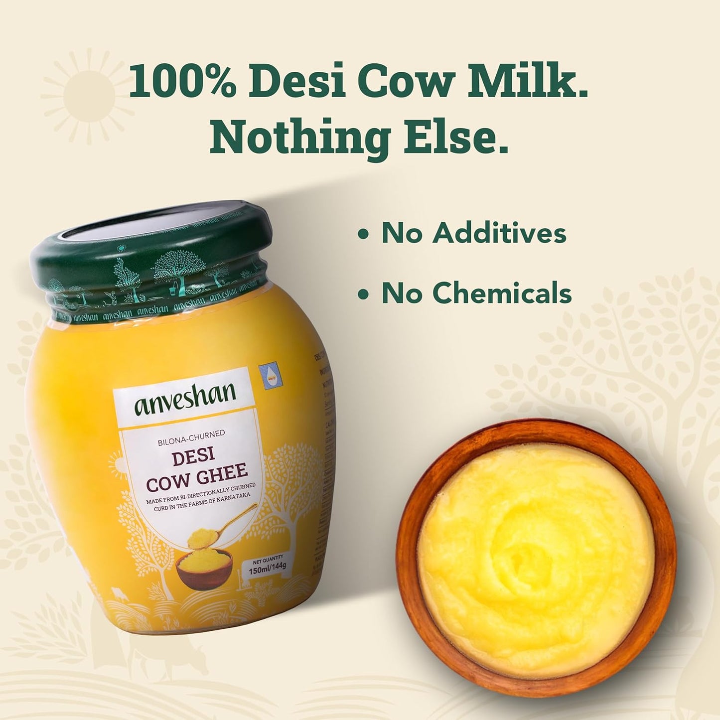 Anveshan A2 Desi Cow Ghee 150ml | Traditionally Bilona-Churned, Danedar Ghee | Aromatic| NABL Lab Tested (70+ tests), Cruelty-Free | Grass-Fed | Glass Jar