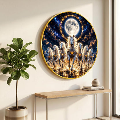 7 Horse Moon Round Wall Painting with Premium PVC Golden Frame, White Running Horses Night Sky Vastu Art for Living Room Office Home Decor Gift (20 x 20 Inch) GRL-443