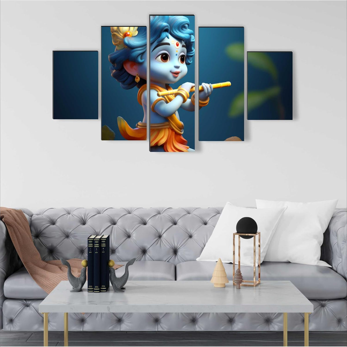 Bal krishna Paintings for Living Room | Painting for Wall Decoration | 3D Wall Art for Bedroom | Kanha Religious Wall Painting Set of 5 (75 x 45 cms) SANFPNLS35516
