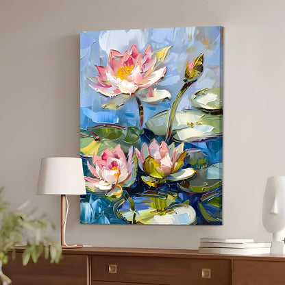 Lotus Flower Canvas Wall Art Painting for wall decoration, Lotus Flower Pond Floral Stretched Canvas for Living Room, bedroom, Home and Office, 16x22 Inch