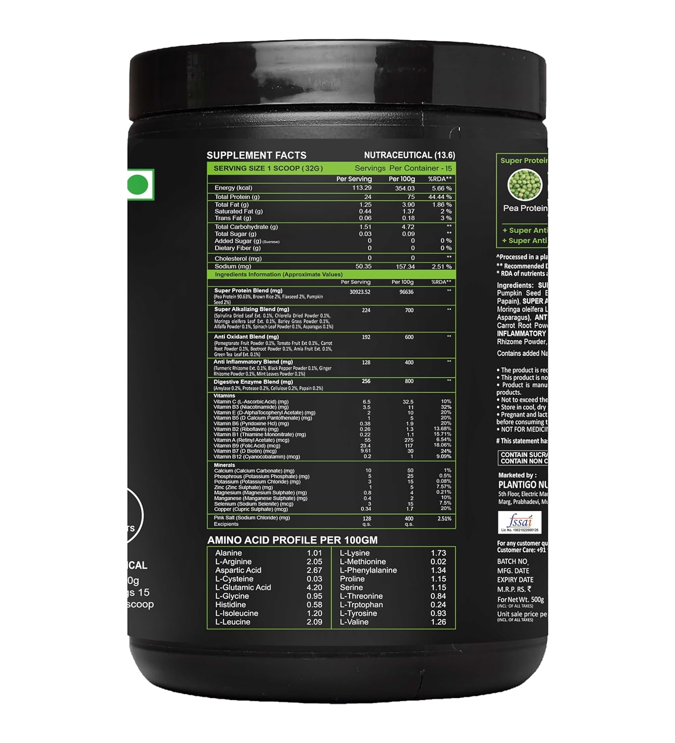 Plantigo Protein Powder 24g Plant Based Protein, 3g BCAA, 2g Leucine, 3g Fiber, 4x Fast Digestion, 95% Bioavailability, 3x Anti Oxidants, Anti Inflammatory, Vitamins, Minerals - Vanilla Flavored 500g
