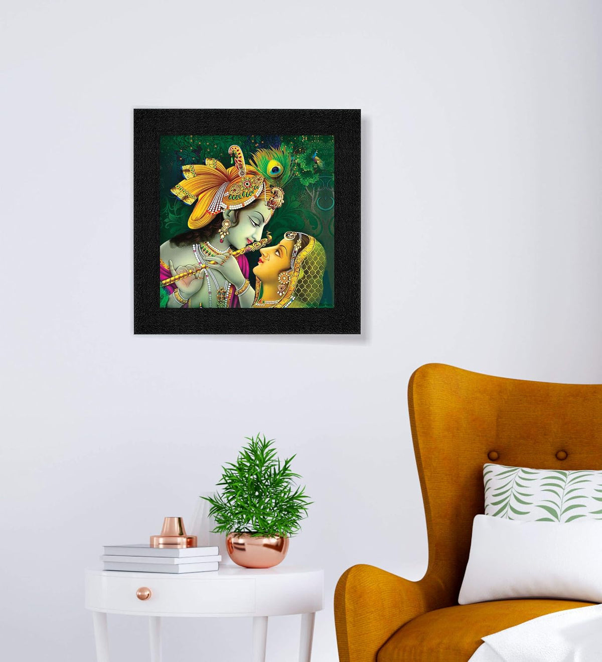 Religious Radha Krishna UV Coated Home Decorative Gift Item Framed Painting 12 inch X 12 inch SAA6137, Multicolor