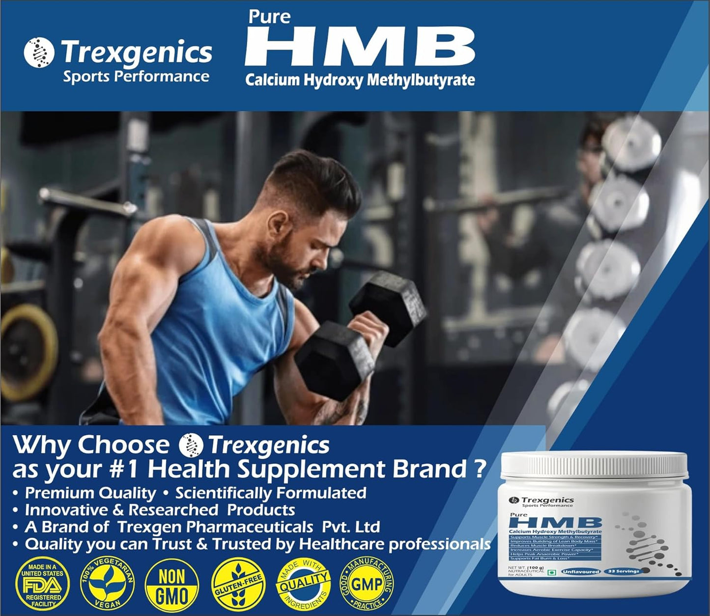 Advertisement for Trexgenics Pure HMB supplement with a man lifting weights in a gym.