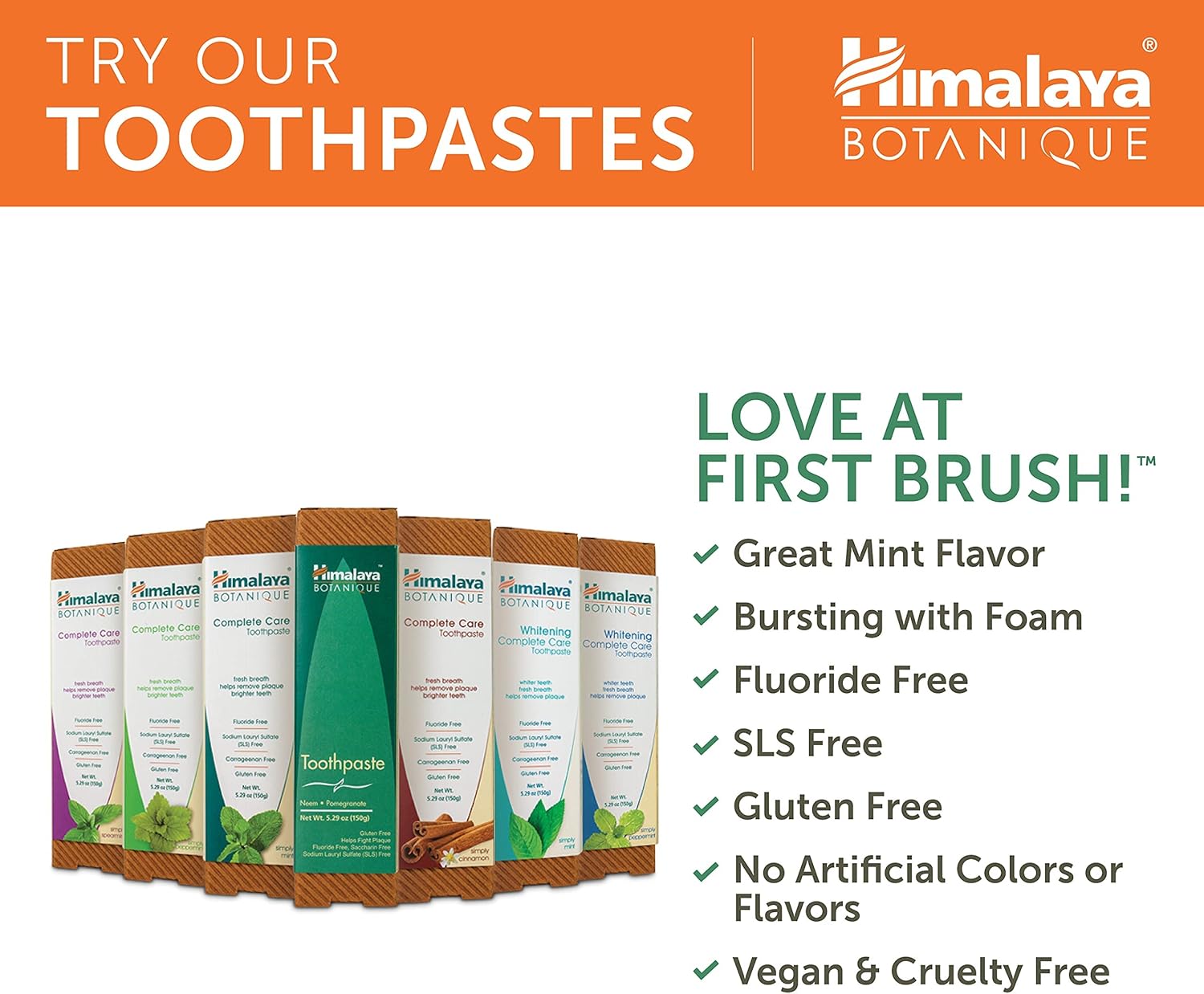 Himalaya Botanique toothpaste packages with product features listed on a white background.