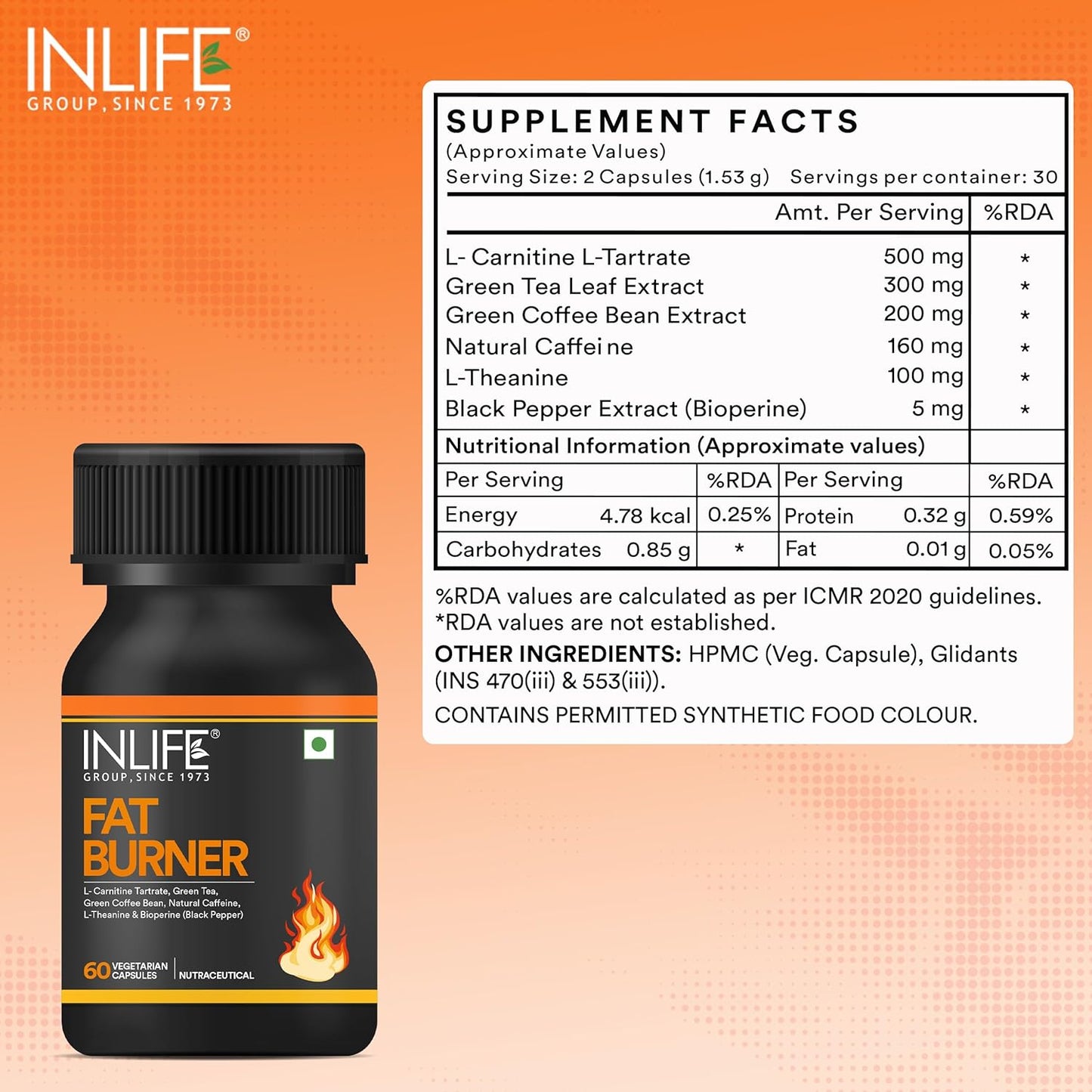 INLIFE Fat Burner Supplement for Men Women with L-Carnitine, Green Tea, Green Coffee Bean, Natural Caffeine, L-Theanine, Bioperine - 60 Vegetarian Capsules (Pack of 1, 60)