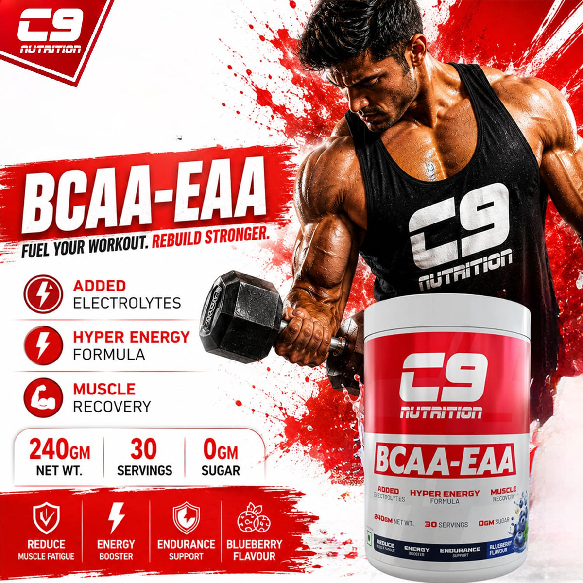 C9 NUTRITION BCAA EAA Powder with 5000mg BCAA, 9000mg EAA & 500mg L-Arginine | Sugar-Free Amino Acid Supplement with Electrolytes for Workout & Muscle Recovery | 30 Servings, Blueberry Flavour