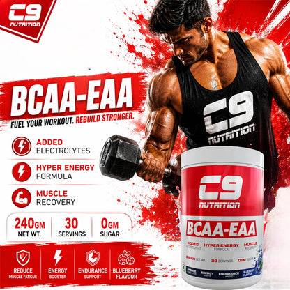 C9 NUTRITION BCAA EAA Powder with 5000mg BCAA, 9000mg EAA & 500mg L-Arginine | Sugar-Free Amino Acid Supplement with Electrolytes for Workout & Muscle Recovery | 30 Servings, Blueberry Flavour