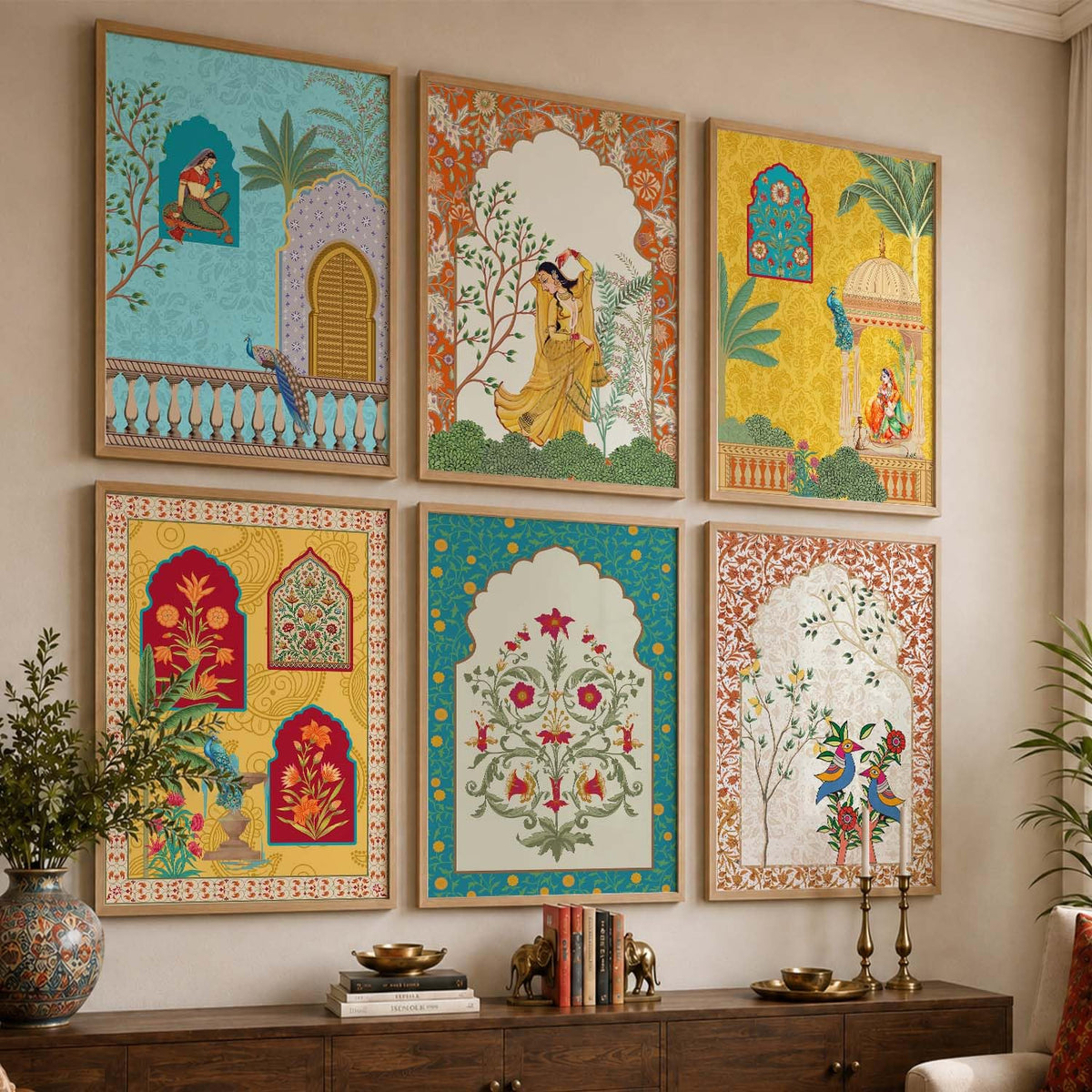 Madhubani & Pichwai Indian Traditional Wall Art Set of 6, Framed Paintings for Living Room, Bedroom & Office Decor, Indian Folk Art Prints, 10x13 Inch