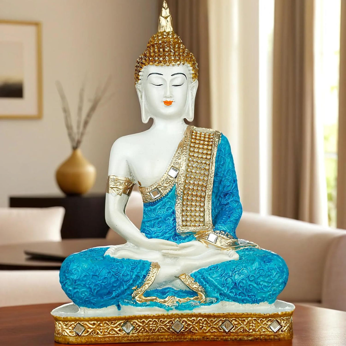 New 25 Centimetre Meditating Sitting Buddha Statue showpiece Idol Home Decoration Items for Living Room Decor and Gifts (Blue White Glossy)
