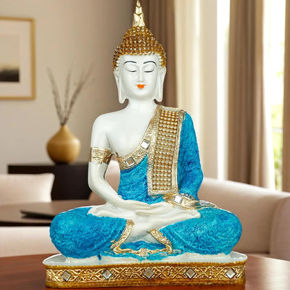 New 25 Centimetre Meditating Sitting Buddha Statue showpiece Idol Home Decoration Items for Living Room Decor and Gifts (Blue White Glossy)