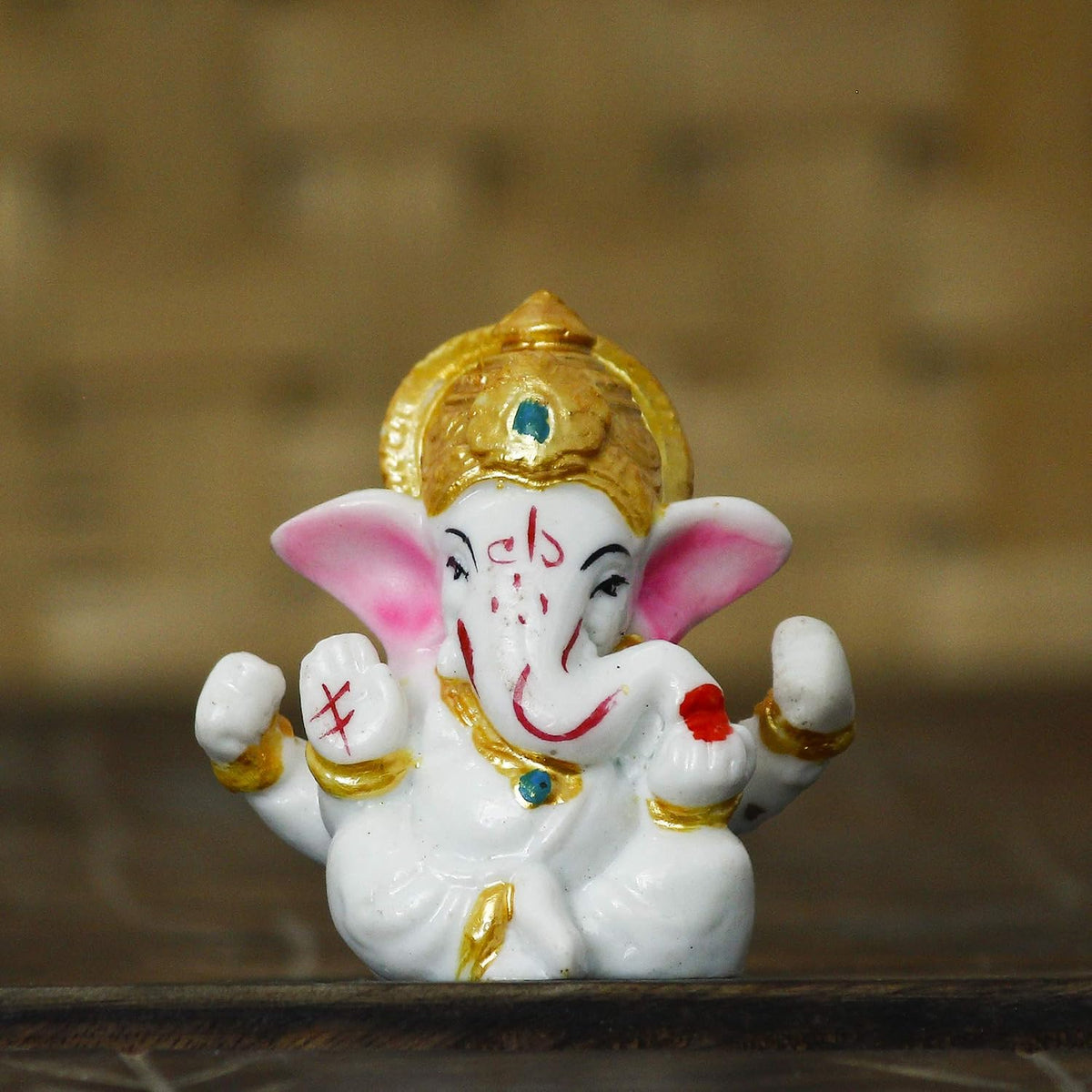 White Resin Lord Ganesha Idol with Golden Mukut- Lord Ganesha Idol for Home Decor Office Car Dashboard- Ganesha Statue for Puja Room- Ganpati Murti- God Statue Gift for Diwali, Birthday