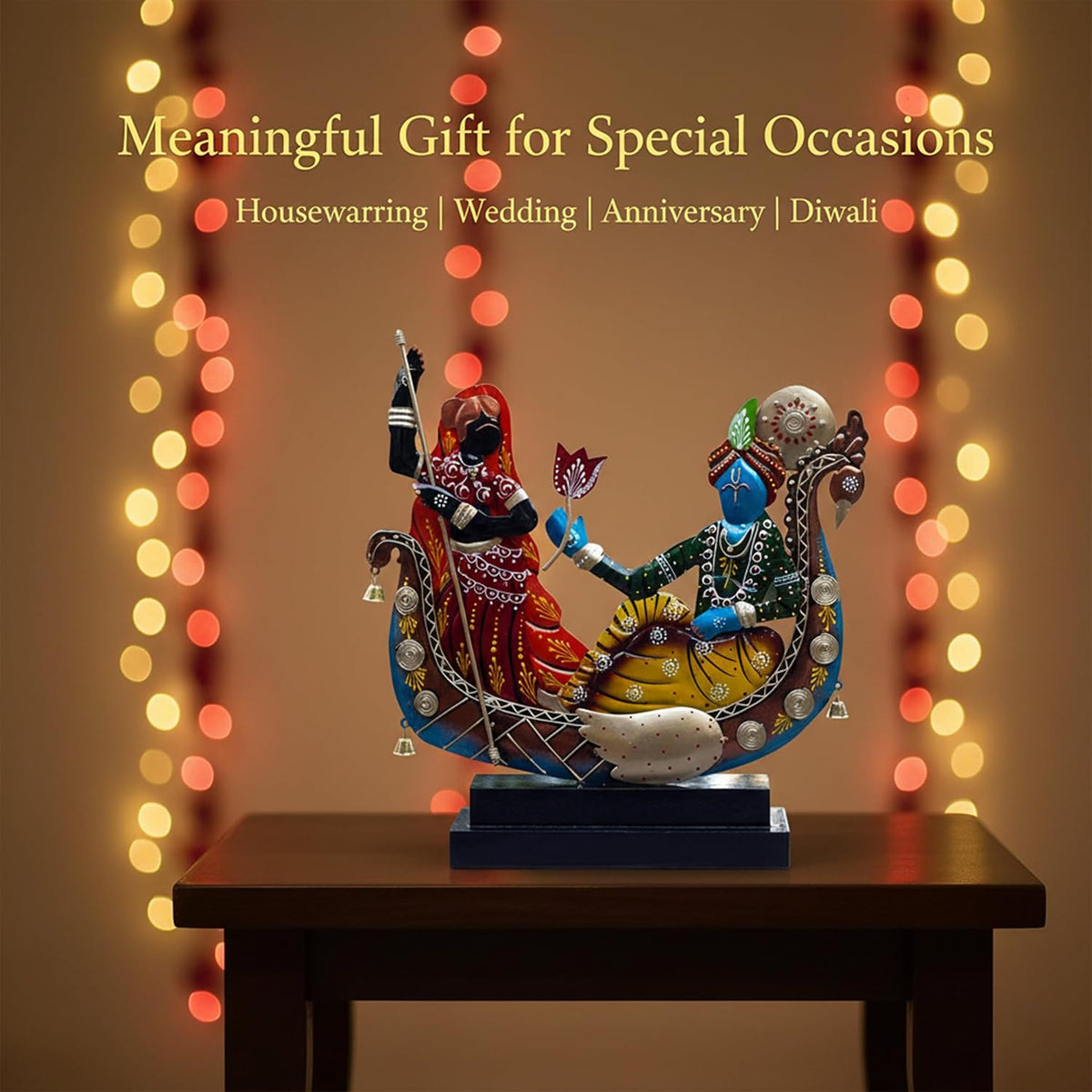 Radha Krishna Boat Showpiece for Home Decor | Iron Metal Decorative Idol with Wooden Base | 15 Inch Spiritual Statue for Living Room, Bedroom, Temple & Gifting