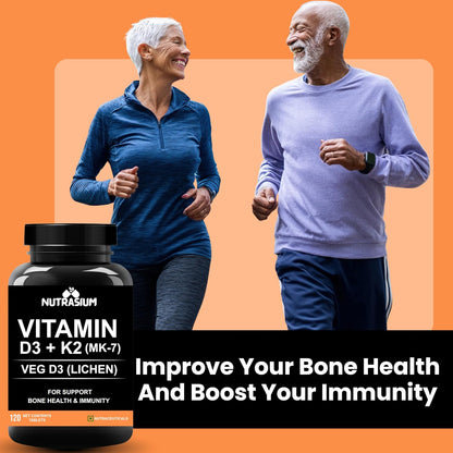 Nutrasium Vitamin D3 K2 Supplement | With Added B12 and DHA | Vitamin K2 MK7 To Support Strong Bone, Heart Health & Immunity | Veg D3 - Lichen - 120 Tablets