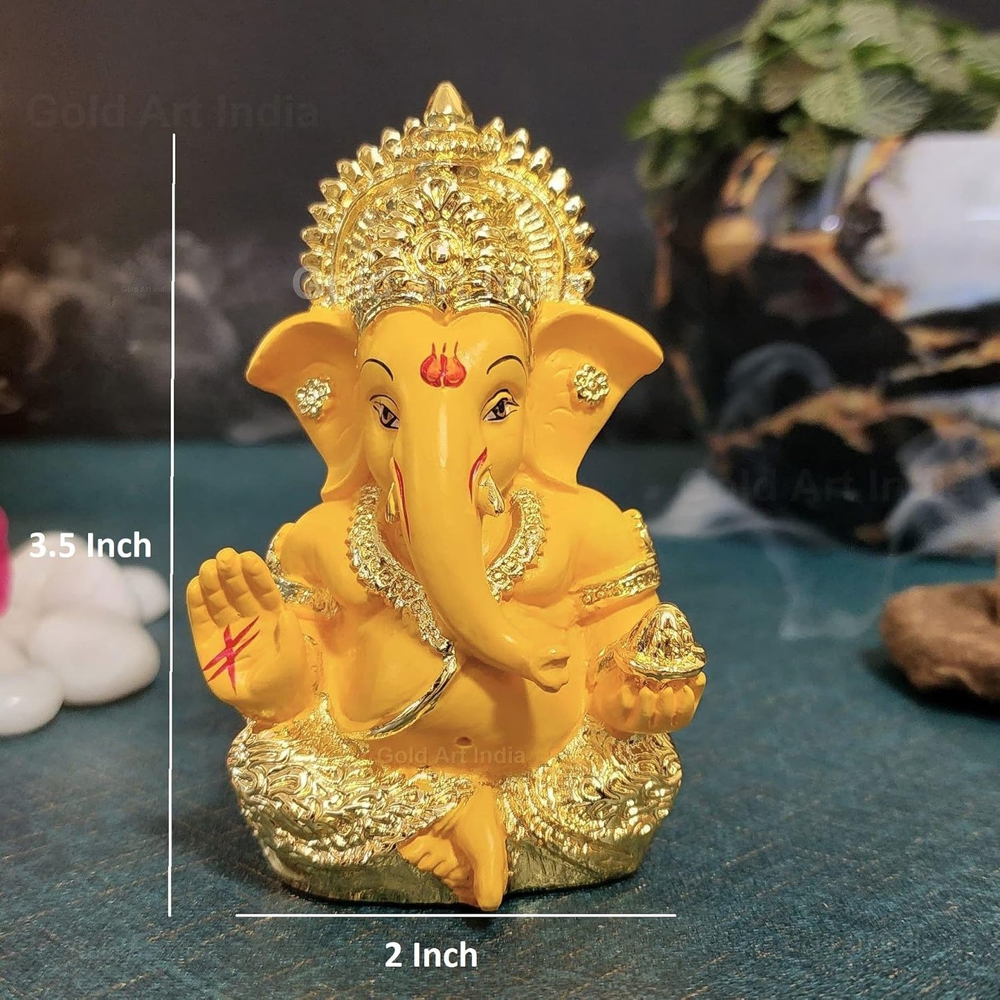 Gold Art India Gold Plated Ganesha with Mango Terracotta Work - 3.5 Inch Height for Home Decor/Office Desk/Car Dashboard (MukutMangoGold)