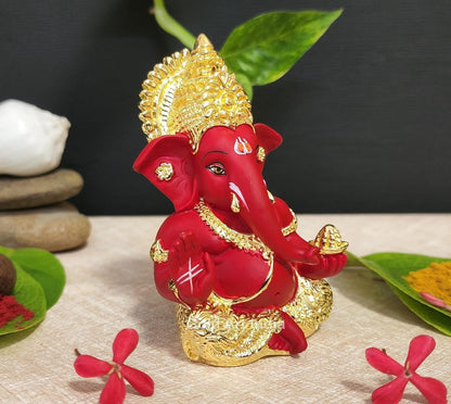 Gold Art India Ganesh Idol for Car Dashboard Ganesha Murti Ganpati Idol for Home Decor Puja Lord Ganesh Statue Gift for Office Desk Puja Room Figurine (Gold and Red, 3 x 3), Ceramic, Idol