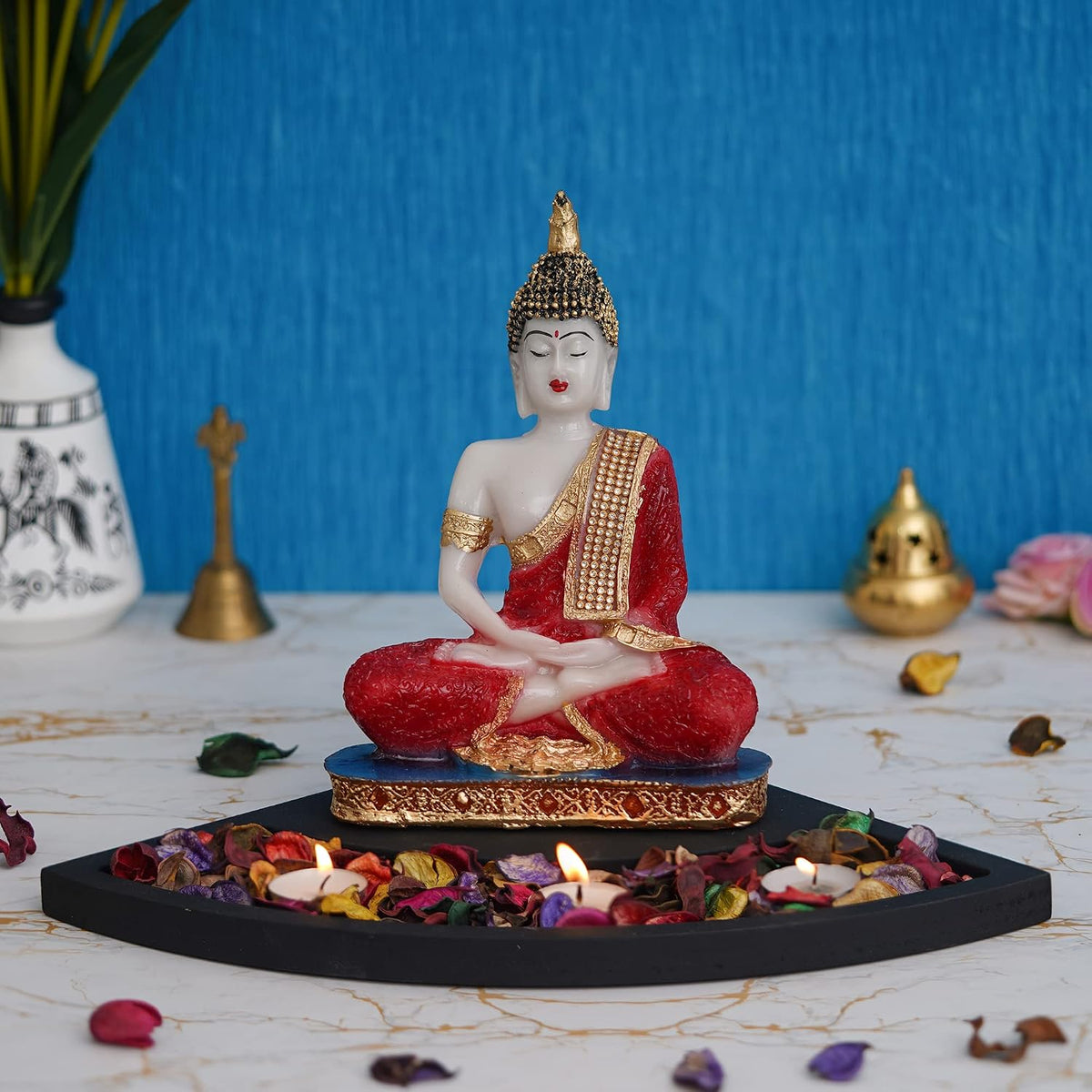 Red Resin Meditating Lord Buddha Statue Tea Light Candle Holder| Buddha Idol Tealight Holder| Diwali Decoration Item for Home Decor| Buddha Showpiece Gift for Diwali Housewarming Birthday