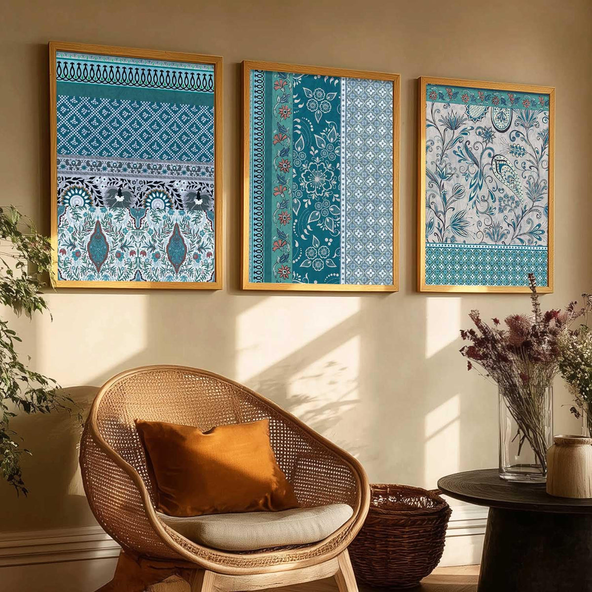 Indian Traditional Madhubani Wall Art Painting With Frame Pichwai Home Decoration For Living Room Bed Room Hotel Wall Decor Digital Reprint Set of 3 (13x17 inch)