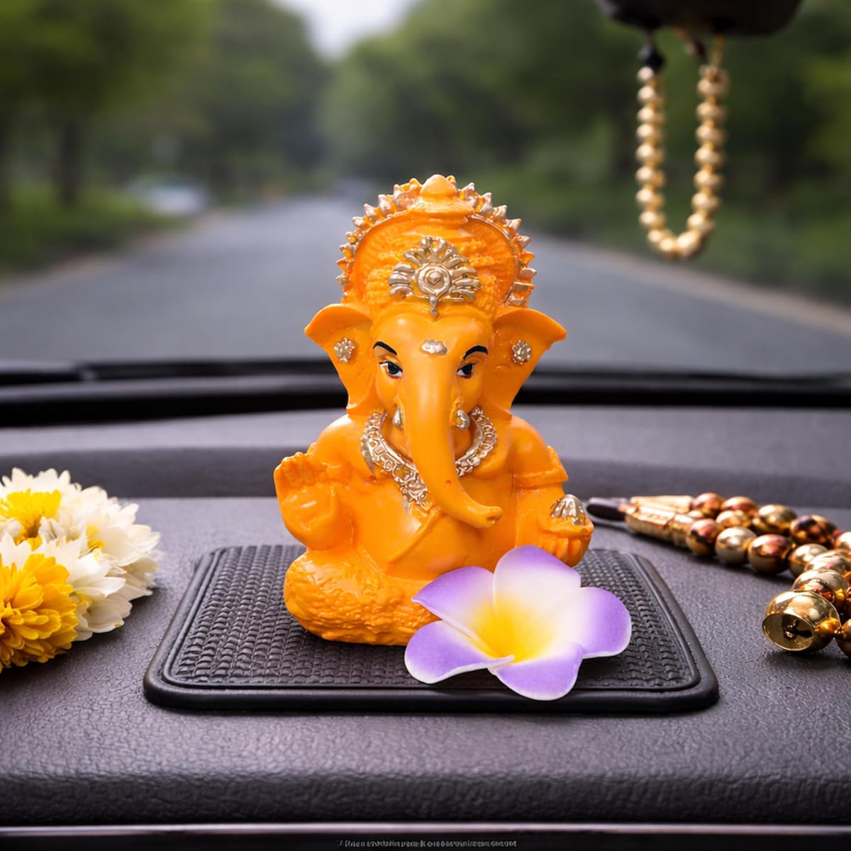Mustard Yellow Ganesha Idol with Foam Flower – 3.5 Inch Polyresin Ganpati for Car Dashboard, Home Mandir & Office – Vastu Decor Gift for New Car, Griha Pravesh, Prosperity & Good Luck (Yellow)