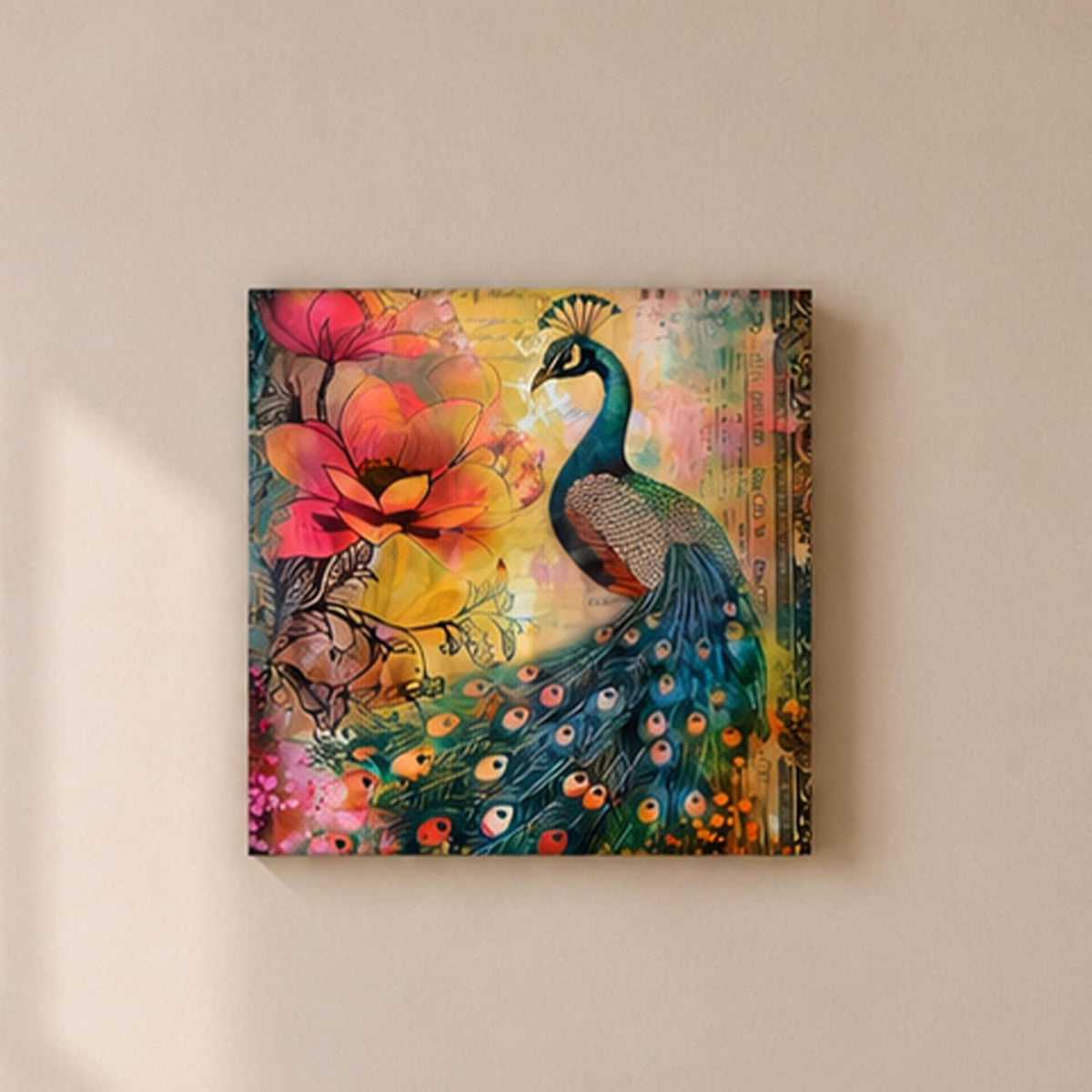 Peacock Floral Artwork Stretched Canvas Painting for Living Room | Bird Nature Painting Wall Décor Art For Livingroom, Bedroom, Office, Hallways - 16x16 Inch