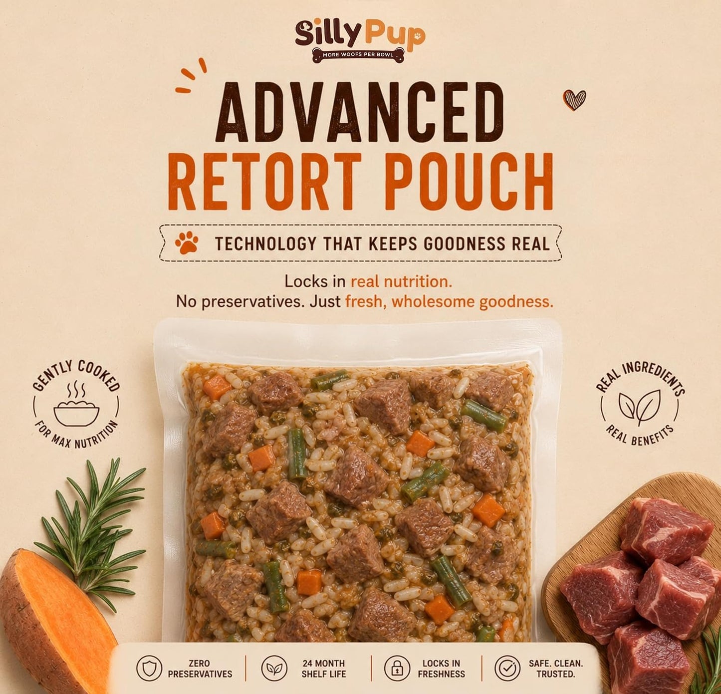 Silly Pup Wham Bam Lamb | Premium Cooked Wet Dog Food | Real Lamb, Red Lentils & Vegetables | Turmeric, Brewer's Yeast & Flaxseed | Lab Tested | No Preservatives | Vet Crafted (1 Pouch - 100g)
