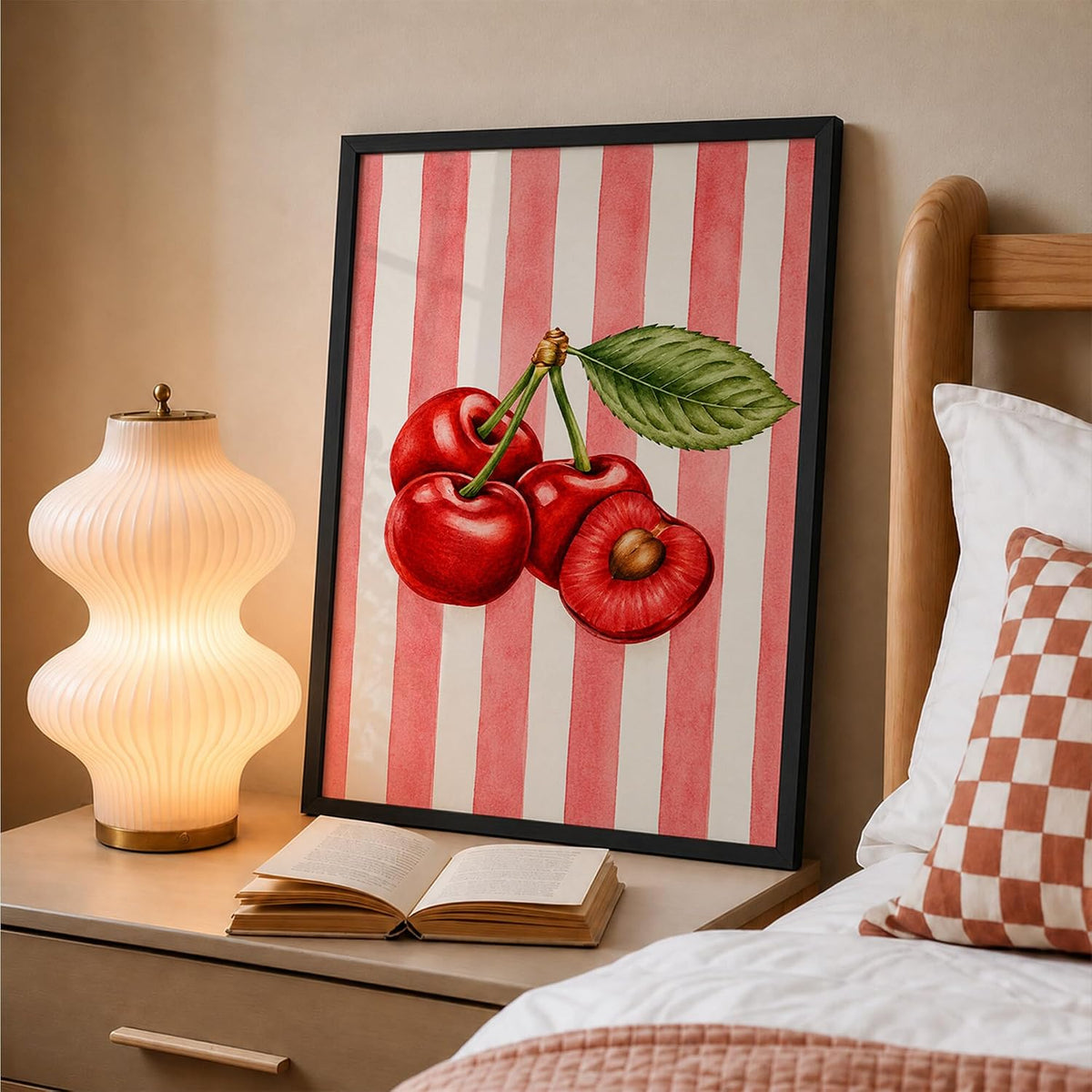 Cherry Wall Art Framed Painting for Home Decor, Red Fruit Botanical Illustration Wall Decor for Living Room Bedroom Office, Retro Aesthetic Room Decoration (DGN01-Black10x13 inch)