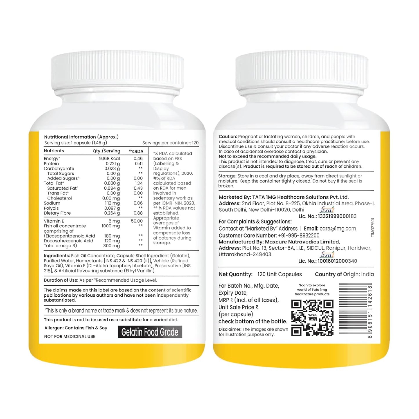 Tata 1mg Salmon Omega 3 Fish Oil Supplements 1000mg - 120 Capsules |Triglyceride form | 180mg EPA & 120mg DHA | High Absorption for Heart,Brain & Joints | Helps Manage Cholesterol