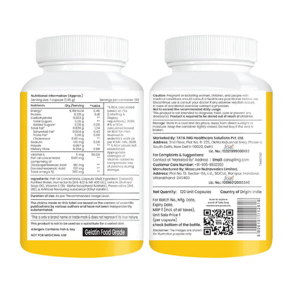 Tata 1mg Salmon Omega 3 Fish Oil Supplements 1000mg - 120 Capsules |Triglyceride form | 180mg EPA & 120mg DHA | High Absorption for Heart,Brain & Joints | Helps Manage Cholesterol