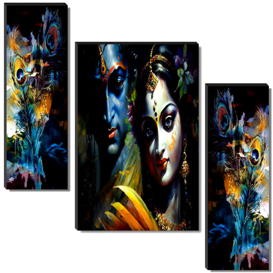 Radha Krishna Portrait & Peacock Feather Wall Art – Vibrant Spiritual Triptych Set of 3 | UV-Printed, Ready-to-Hang Home Décor (20 Inch x 12 Inch) JM-35288