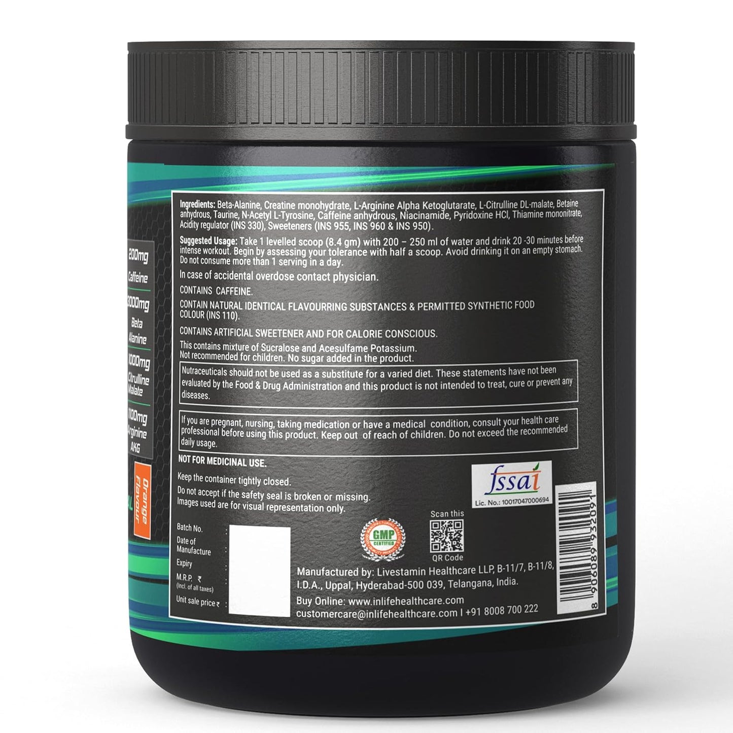 INLIFE Pre-Workout Supplement 200mg Caffeine,1000mg Citrulline,1100mg Arginine AAKG,3000mg B-Alanine,Creatine,Taurine, Betaine Anhydrous Pre Workout Formula Men & Women 200g, 24 Servings (Orange)