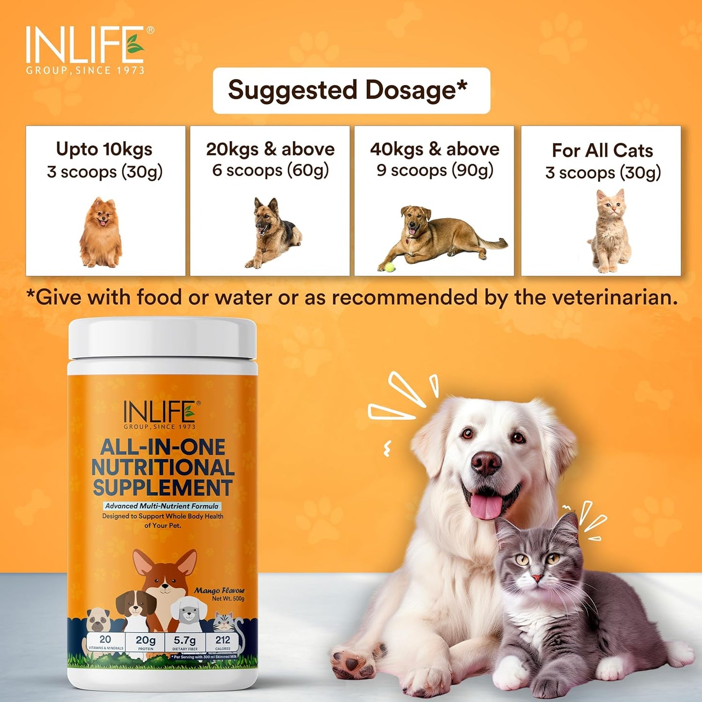 INLIFE Nutritional Meal Mix Powder for Dogs Cats and Pets, Protein Supplement with Advanced Multi-Nutrient Formula | Improves Growth and Development | Pet Supplement- 500g (Mango)