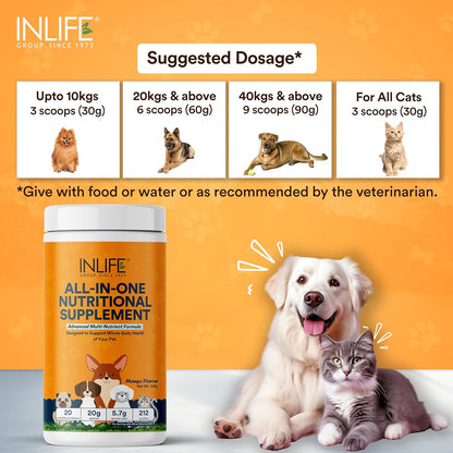 INLIFE Nutritional Meal Mix Powder for Dogs Cats and Pets, Protein Supplement with Advanced Multi-Nutrient Formula | Improves Growth and Development | Pet Supplement- 500g (Mango)