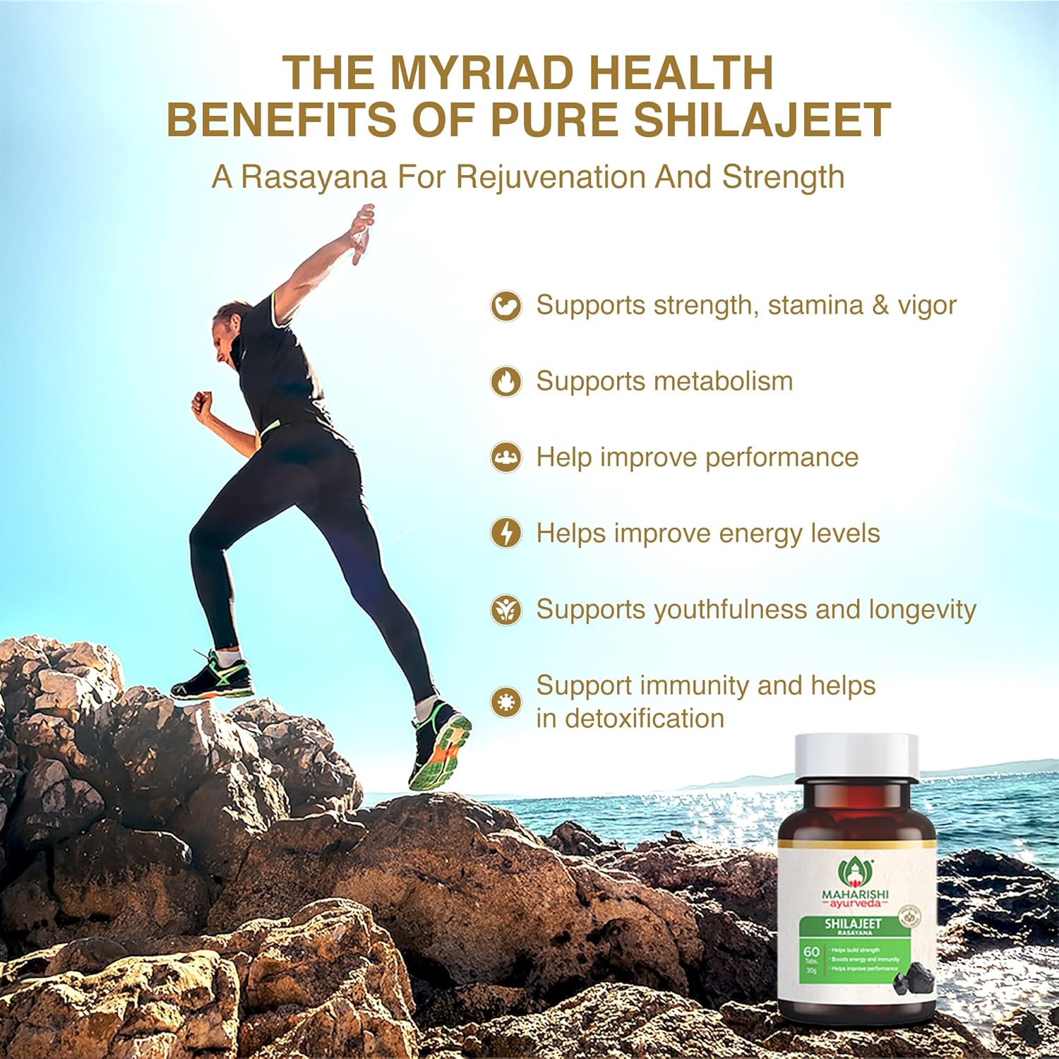 Zephivo Maharishi Ayurveda Shilajeet Rasayana 500 MG | Natural & Pure Shilajit for Strength, Stamina & Endurance | 60 Tablets
