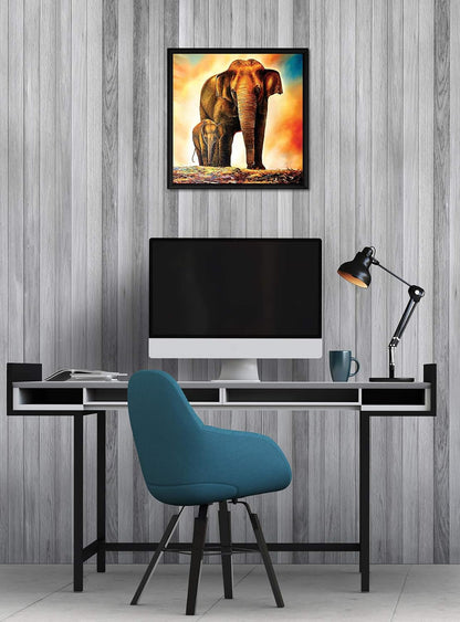 Vastu Elephant and Baby Wall Art Painting, Elephant Painting For Wall Vastu, Multicolor, Wildlife, 13X13 in, Set of 1