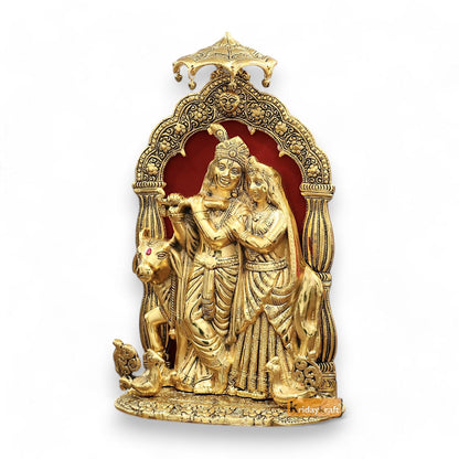 KridayKraft Metal Radha Krishna Idol with Cow Decorative Showpiece Statue for Puja Room Home Office Desk Gift Items Ornate Metal Sculpture of Hindu Deities (Height 33 CM)