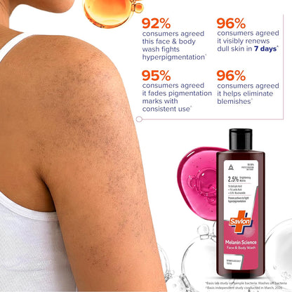 Savlon Melanin Science Face & Body Wash 250ml | With 1% Salicylic Acid + 1% Lactic Acid + 0.5% Niacinamide | Fights Hyperpigmentation | Helps Renew Dull Skin in 7 Days | Dermatologically Tested