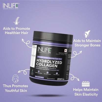 INLIFE Japanese Hydrolyzed Collagen Peptides Powder Clinically Proven Ingredient, Type 1 & 3, Skin Health, Bone Health Supplement for Men & Women (Unflavoured, Collagen, 200g)