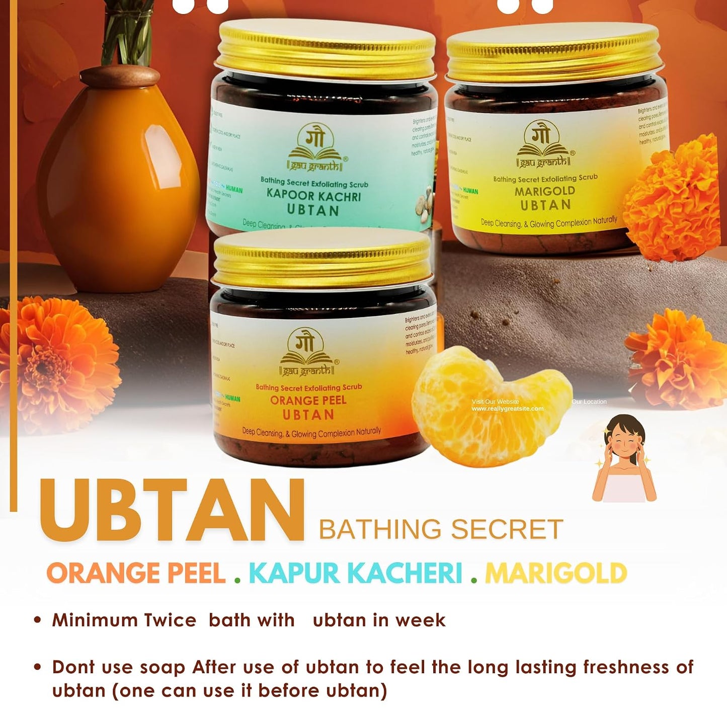 GauGranth Ubtan Orange Peel - 80G (Pack Of 1) | Orange Peel,Sandalwood, Rose Petals, Amba haladi, Hibiscus petals, Amla, Red Lentil etc | Removes Dead Skin, Blackheads & Excess Oil