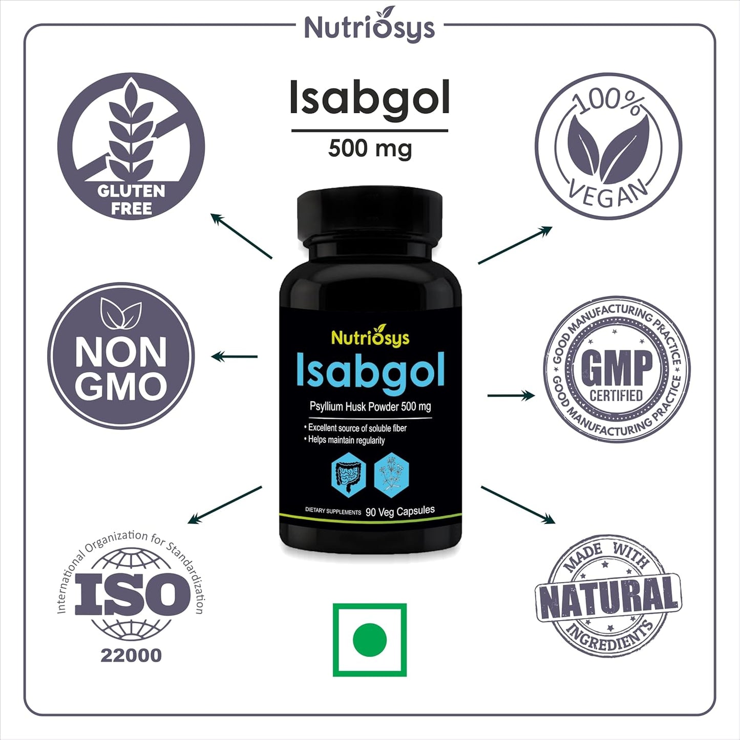 Nutriosys Isabgol 500mg Supplement | Supports Digestive Health | Helps Manage Glucose Levels | Natural Soluble Fiber | From Psyllium Husk | 90 Veg Capsules