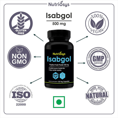 Nutriosys Isabgol 500mg Supplement | Supports Digestive Health | Helps Manage Glucose Levels | Natural Soluble Fiber | From Psyllium Husk | 90 Veg Capsules