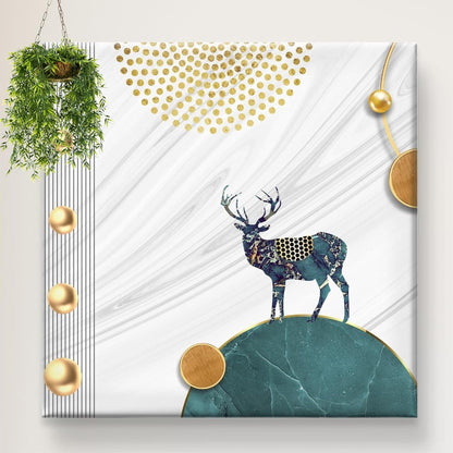 Modern Nordic Deer Wall Art Canvas Print, White Marble Background with Gold Accents, Teal and Gold Home Decor 16 Inch x 16 Inch CVS-38106
