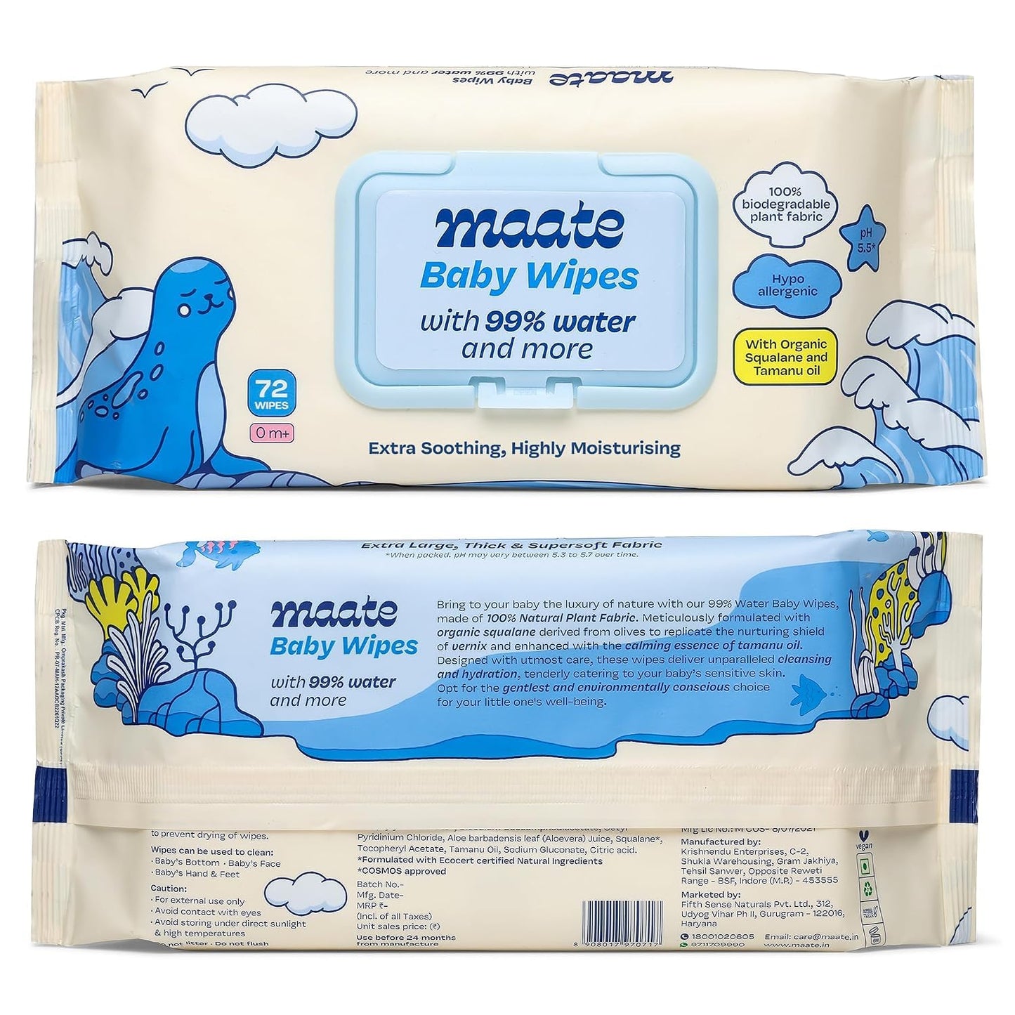 Maate Baby Wipes | Soothing & Hypoallergenic | Infused With Plant Squalane, Tamanu Oil & Aloe Vera | Moisturizing & Hydrating | Wipe for Baby's | Paraben & Sulphate Free (pack of 1, 4 wipes)