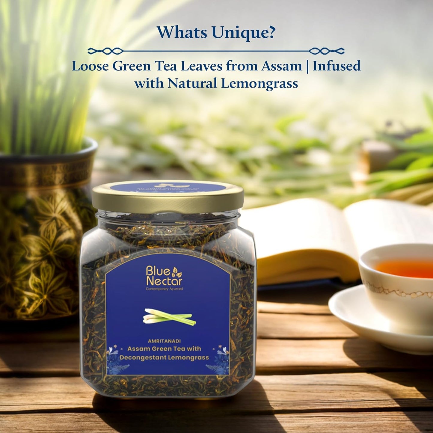 Blue Nectar Decongestant Lemongrass Green Tea Loose Leaves, Sourced from Assam Tea Garden | Eco Friendly Glass Jars with Green Tea Infuser (65g)