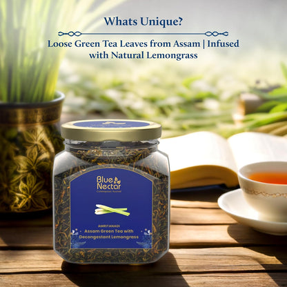 Blue Nectar Decongestant Lemongrass Green Tea Loose Leaves, Sourced from Assam Tea Garden | Eco Friendly Glass Jars with Green Tea Infuser (65g)