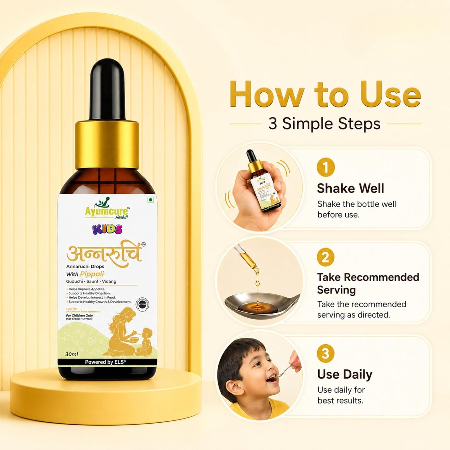 Ayumcure Kids Annaruchi Drops for Children 1-12 Years | 30ml | Ayurvedic Appetite & Digestive Support | With Pippali, Guduchi, Saunf, Vidang, Kutki & Amla | Supports Healthy Digestion, Nutrient Absorption & Growth